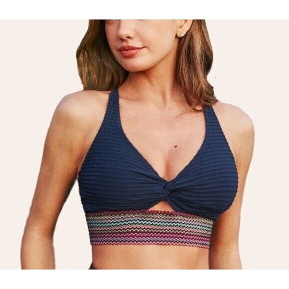 Cupshe Women's M Blue Textured Rainbow Halter Crop Swim Top Padded - Picture 2 of 12